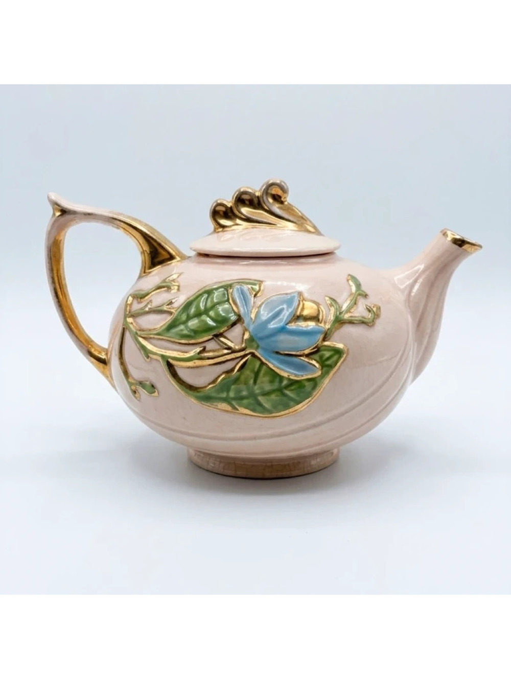 Vintage Hull USA Water Lily Pink Blue Floral Gold Trim Teapot w/Lid Chipped
